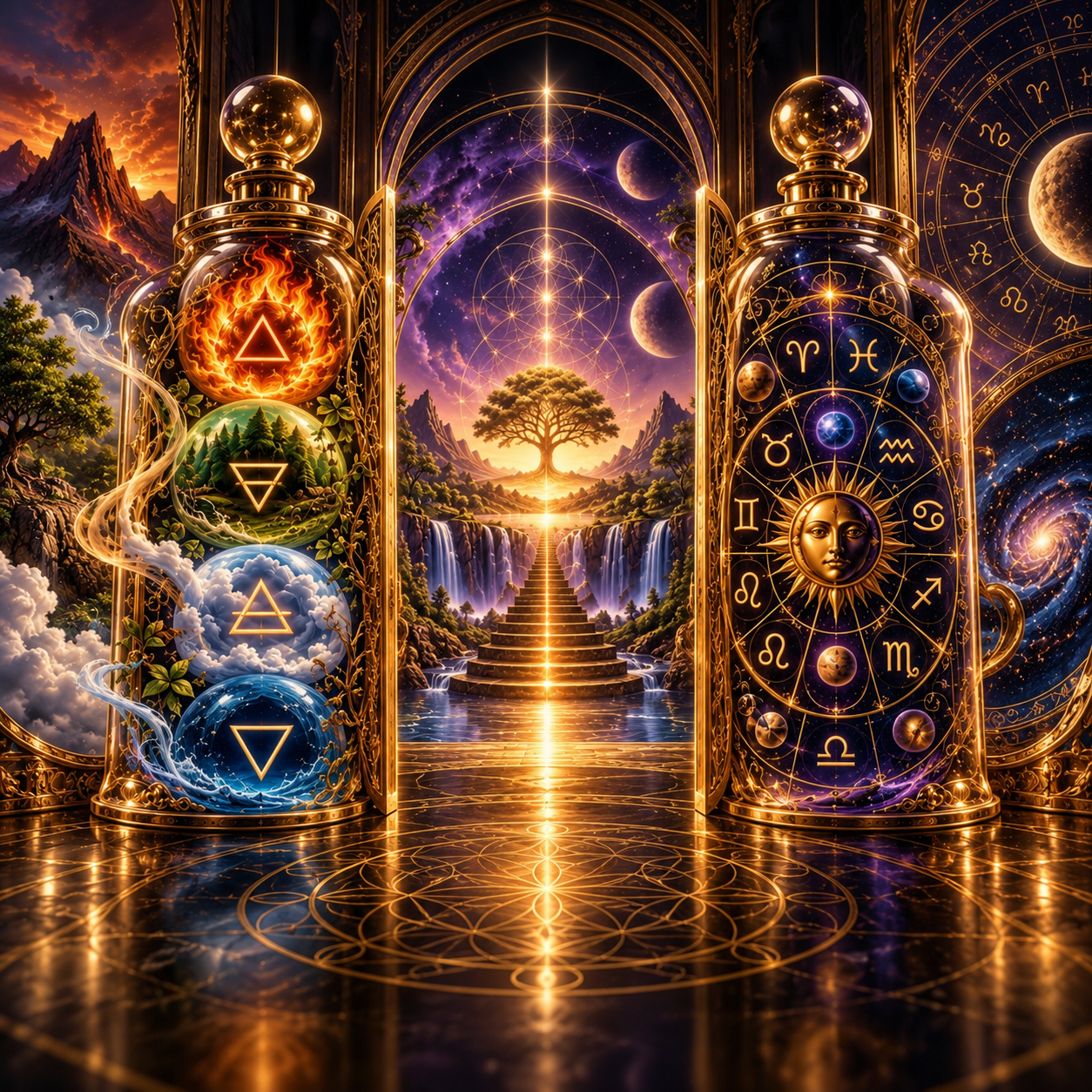 Portal em formato de frascos de Alquimia com os quatro elementos, zodíaco e o universo Equilibbr’a