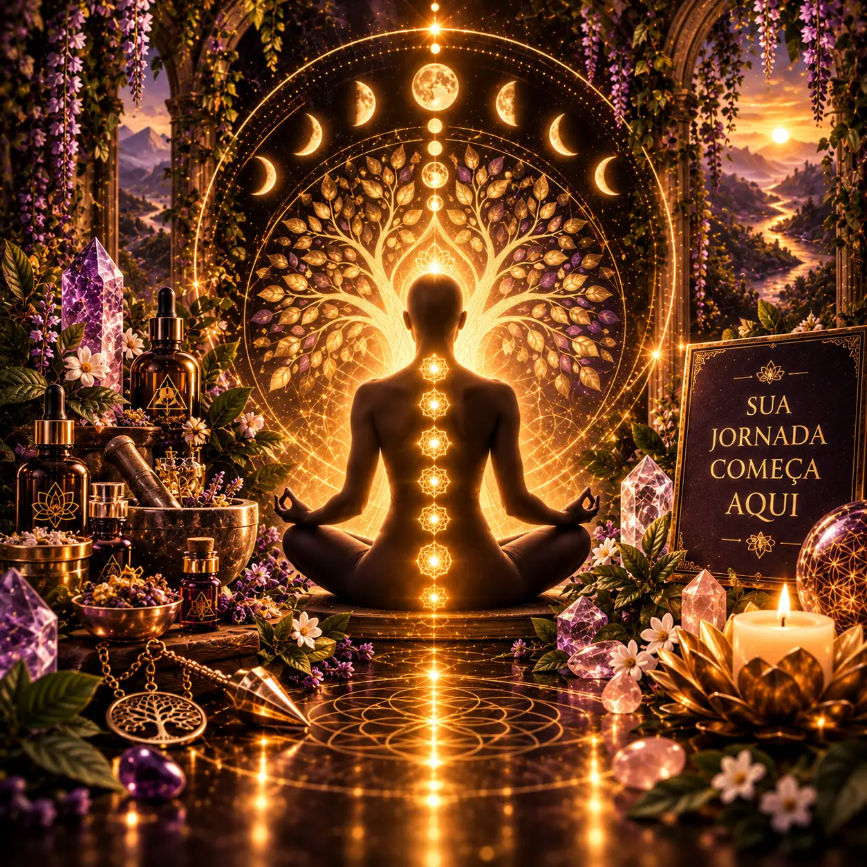 Pessoa em meditação diante de uma árvore alquímica, chakras, frascos e cristais