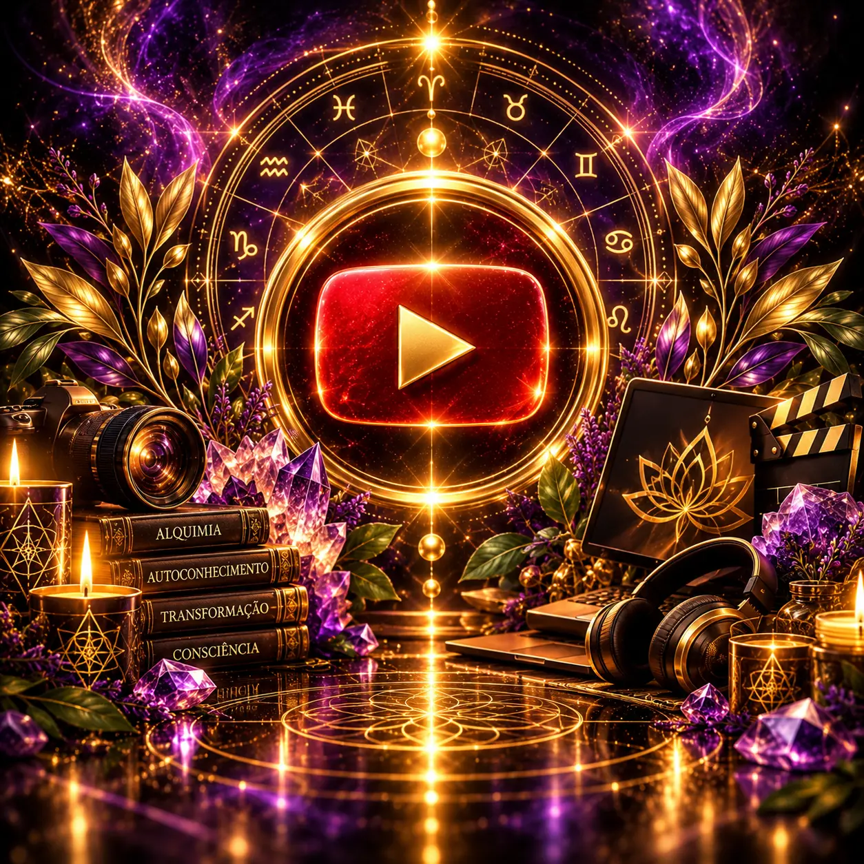 Símbolo do YouTube entre elementos visuais de vídeos, conteúdos e lives