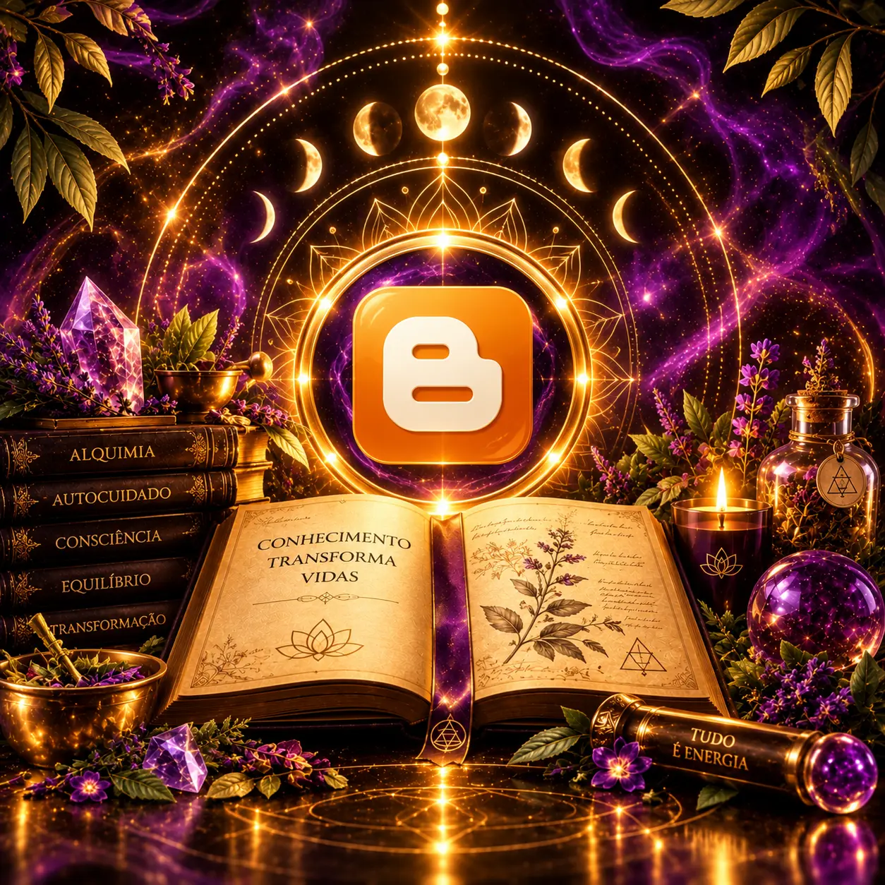 Livro aberto, fases da Lua, cristais e símbolo do Blogger