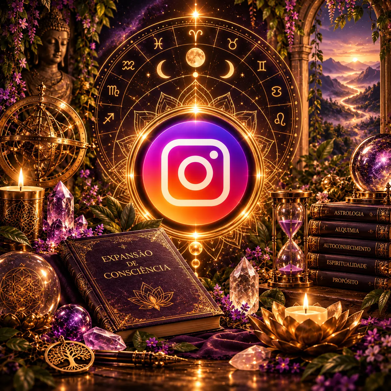 Símbolo colorido do Instagram em cenário de astrologia e conhecimento