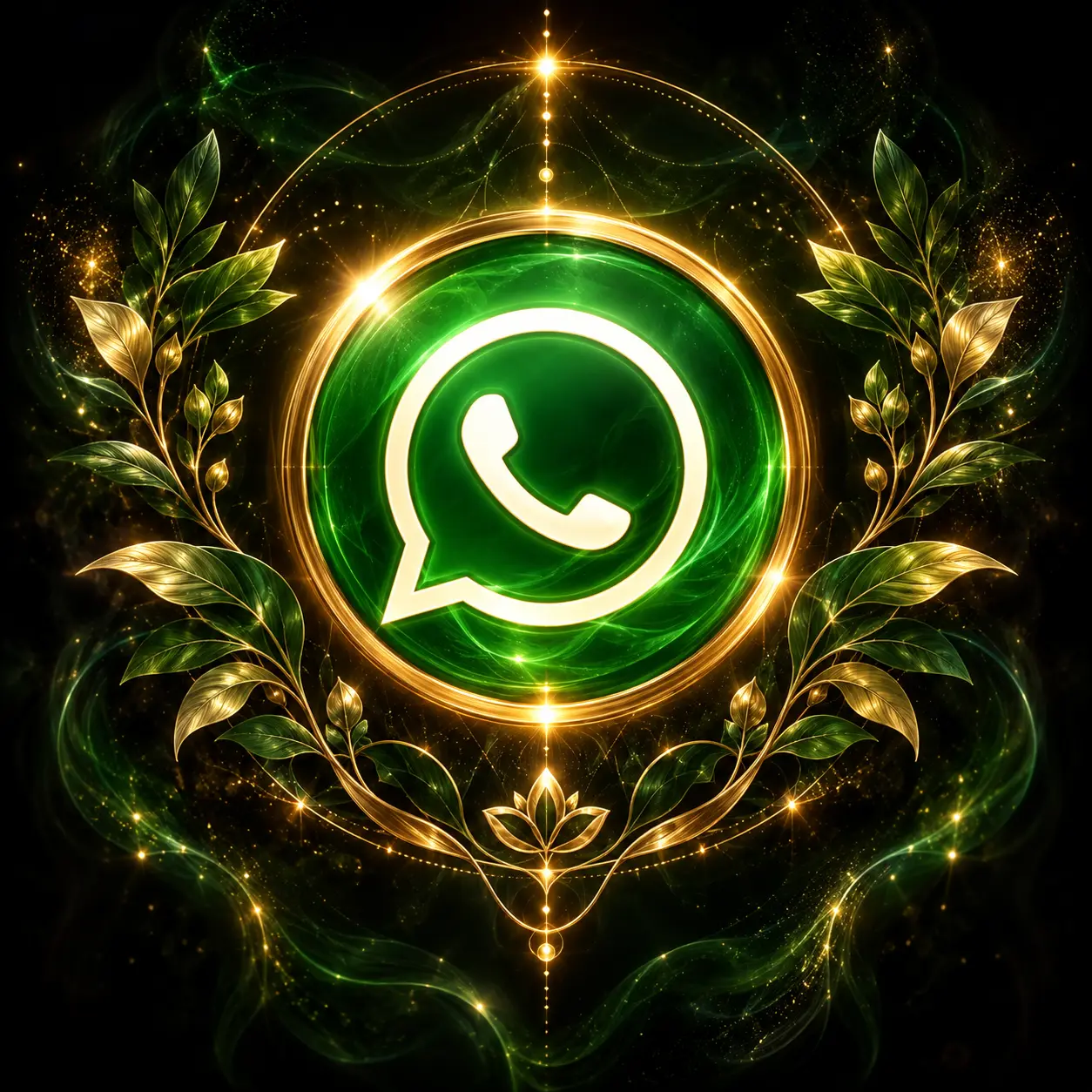 Símbolo do WhatsApp em verde e dourado entre elementos vegetais