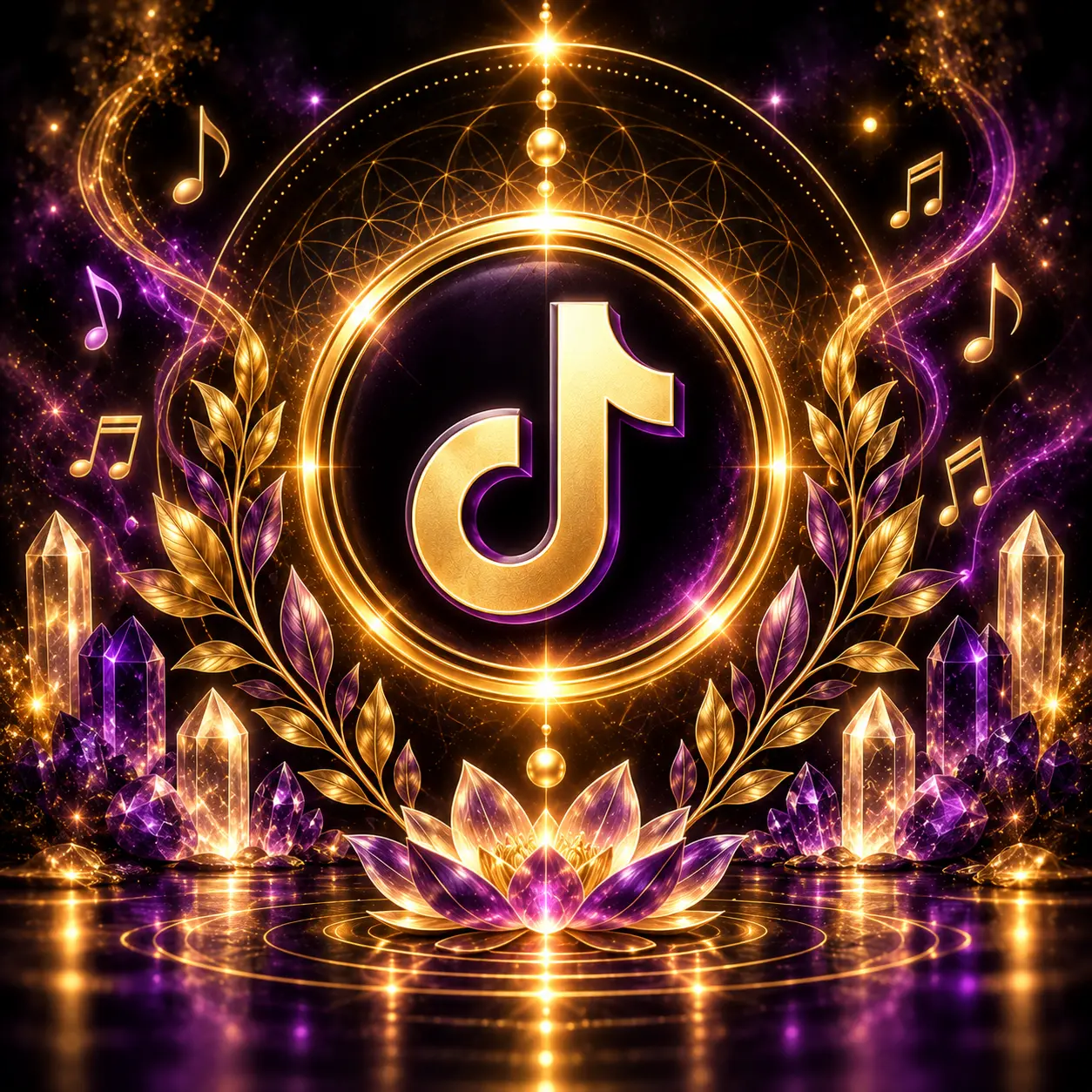 Símbolo do TikTok entre notas musicais, cristais e flor de lótus