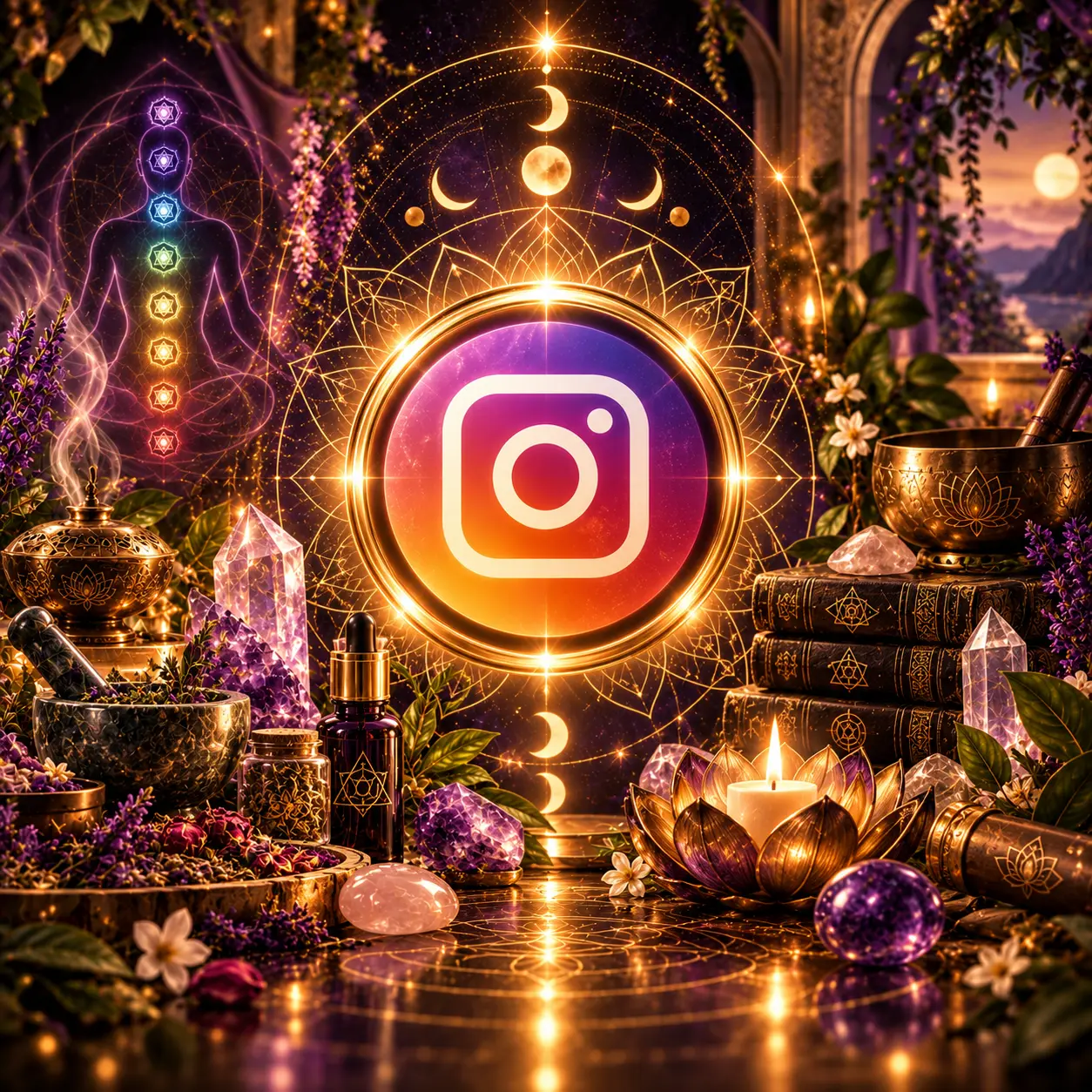 Símbolo colorido do Instagram entre elementos de autocuidado e Alquimia